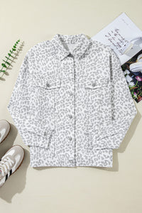 White & Gray Leopard Print Button Down Denim Jacket