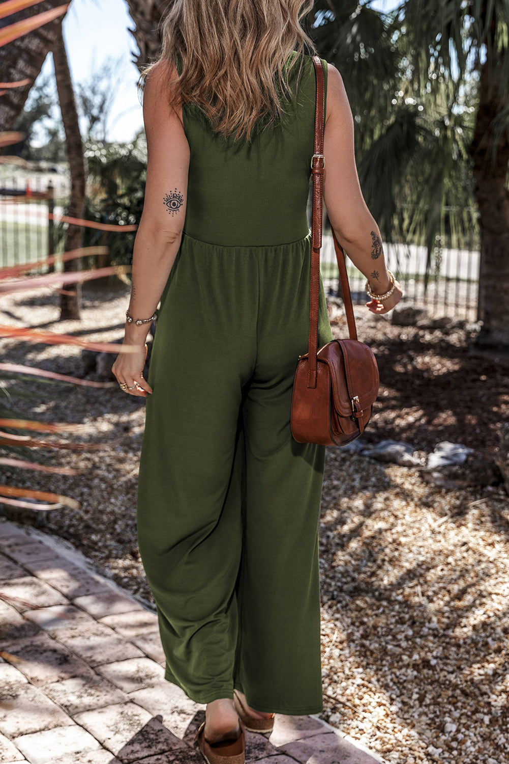 Moss Green Lightweight Sleeveless V-Neck Ruched Wide Leg Stretch Knit Jumpsuit