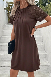 Contrast Lace Raglan Sleeve Pleated Detail Shift Dress