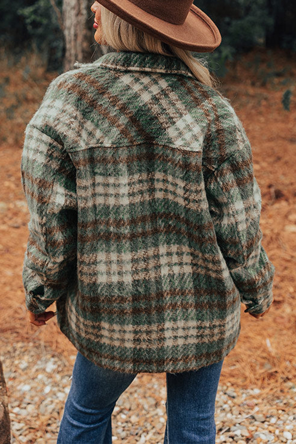 Green & Brown Plaid Button Down Shacket with Chest Flap Pockets