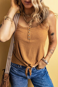 Warm Mustard Ribbed Front Tie Button Strappy Tank