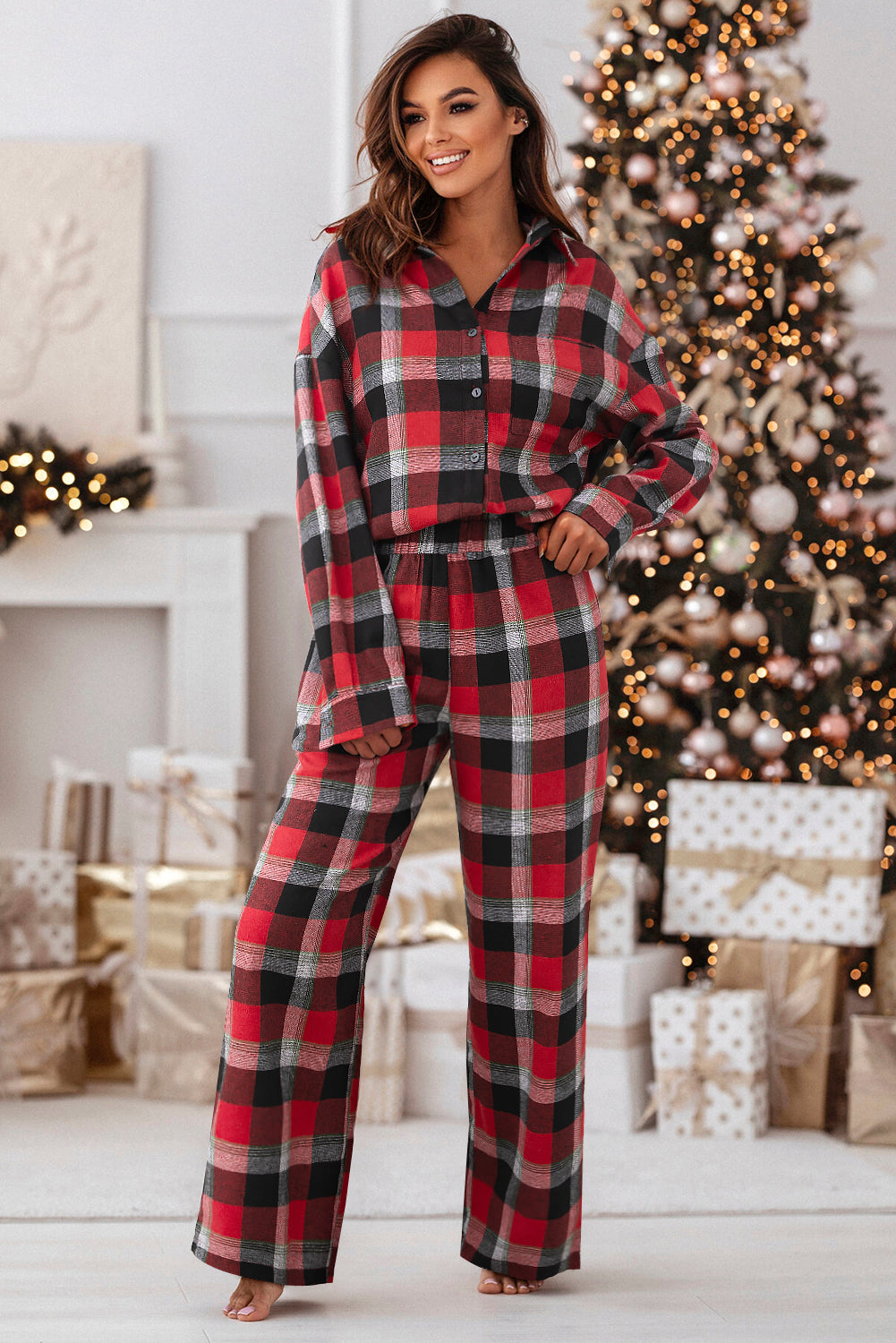 Red Christmas Plaid Pattern Loose Shirt and Pants Lounge Set