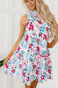 Pink and Blue Floral Tiered A-Line Mini Dress