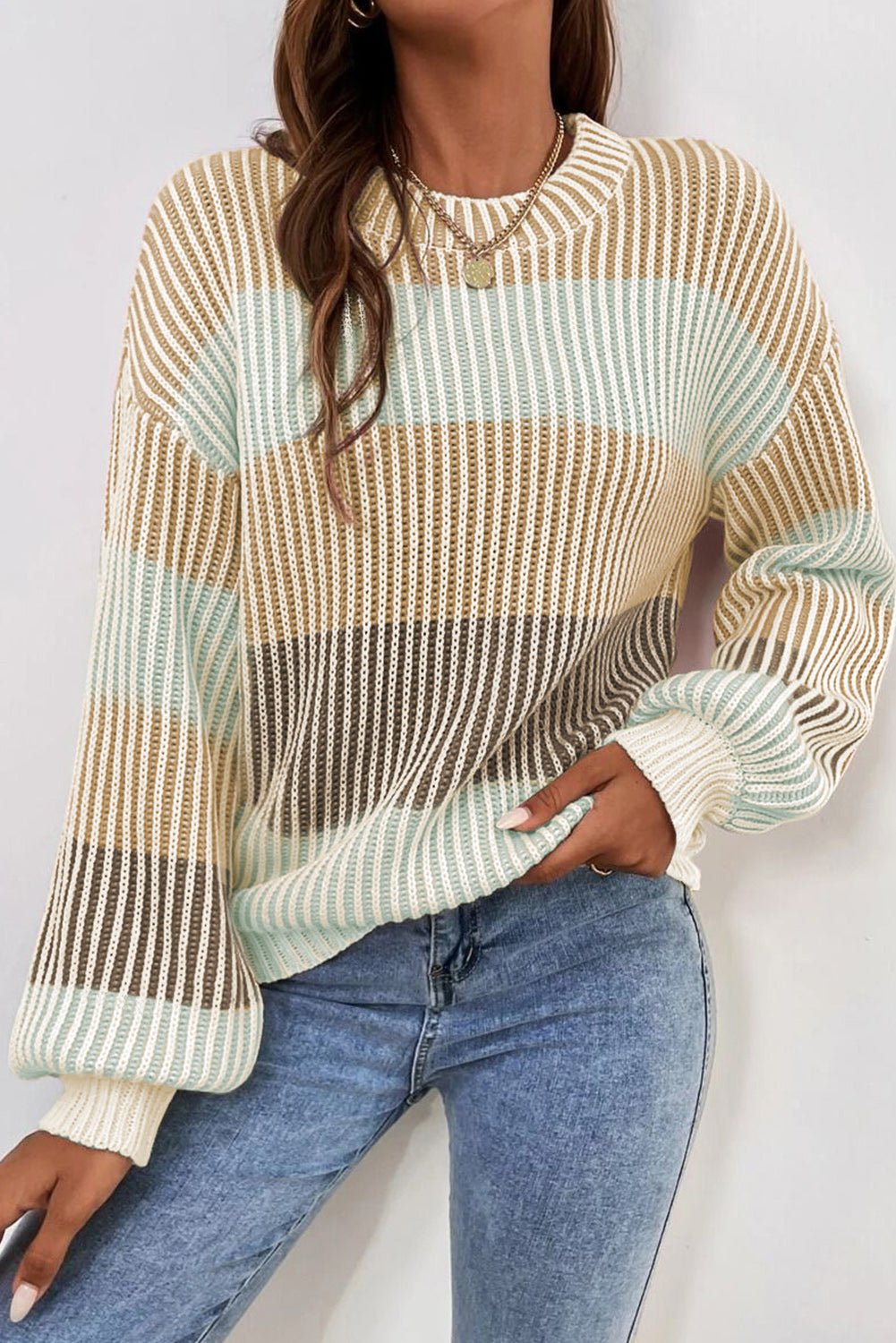 Beige & Mint Colorblock Textured Bubble Sleeve Knit Sweater