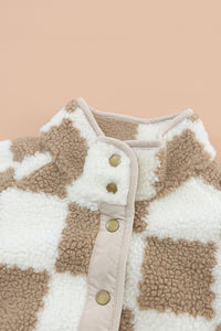 Brown & Cream Checked Snap Button Up Sherpa Jacket