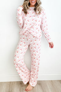 Pink Santa Claus Print Long-sleeve Top & Pants  Lounge Set