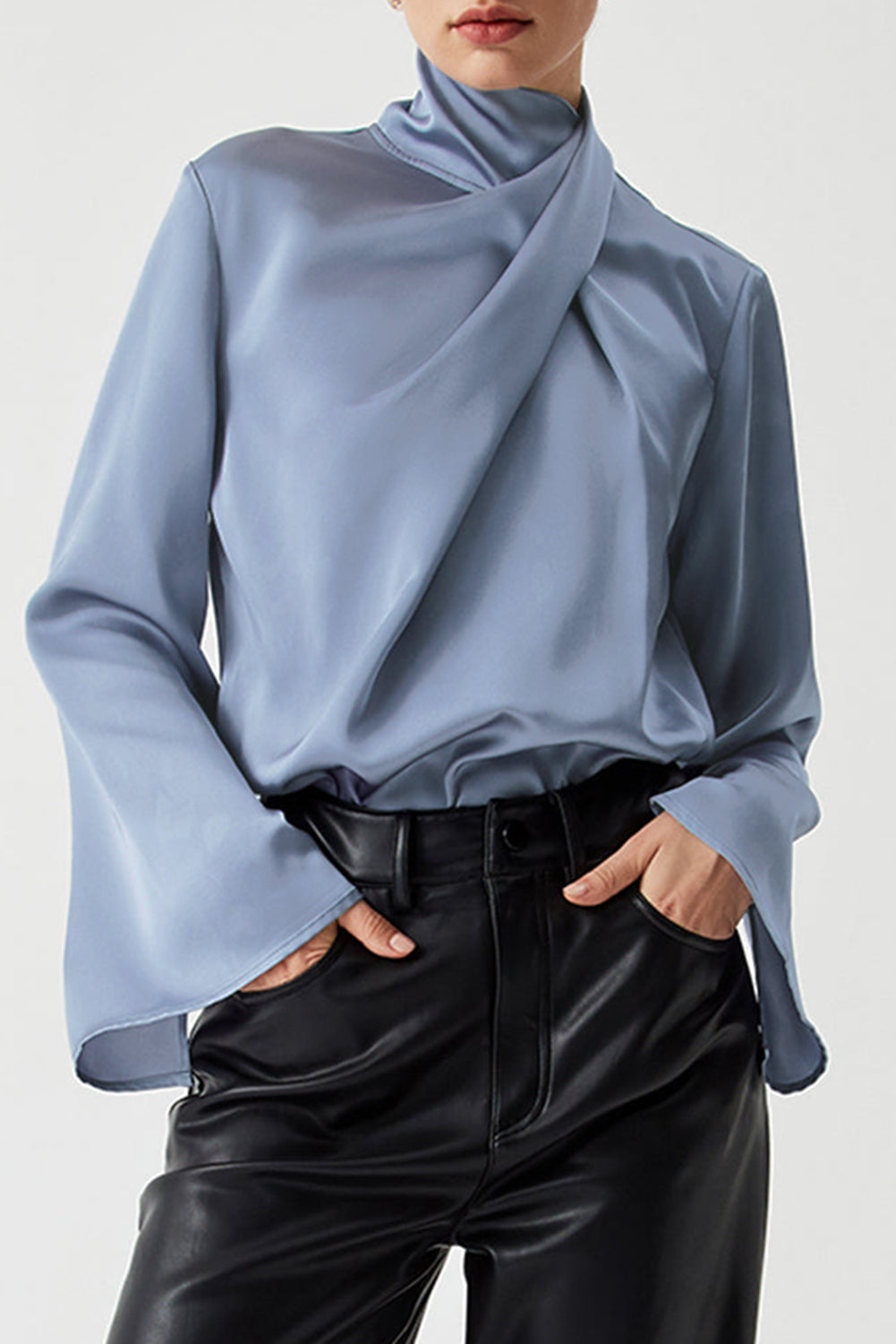 Dusty Blue Faux Wrap Mock Neck Bell Sleeve Blouse