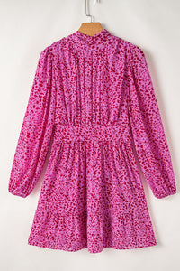 Dark Pink Leopard Long Sleeve High Neck Tie Back Ruffled Dress