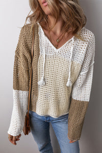 Tan and Cream Colorblock Tie V-Neck Lightweight Open Crochet Sweater