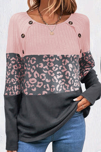 Pink & Gray Cheetah Waffle Knit Color Block Long-sleeve Shirt