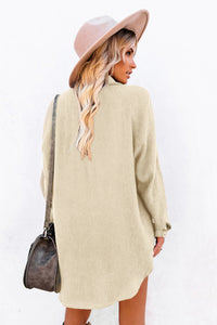 Beige Corduroy Button Down Long Sleeve Mini Shirt Dress