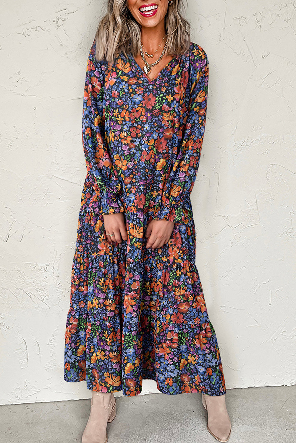 Blue Fall Floral V-Neck Drop Waist Midi Dress