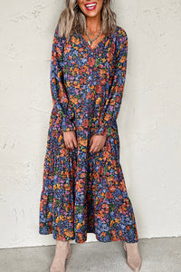 Blue Fall Floral V-Neck Drop Waist Midi Dress