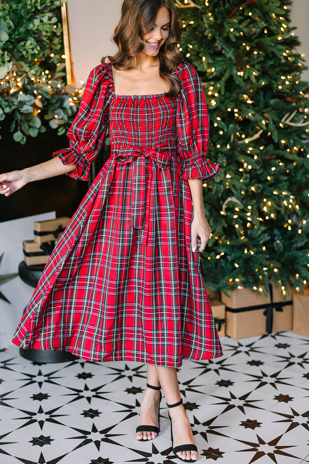 Red Tartan Plaid Smocked Square Neck 1/2 Puff Sleeve Tie Waist Midi Dress
