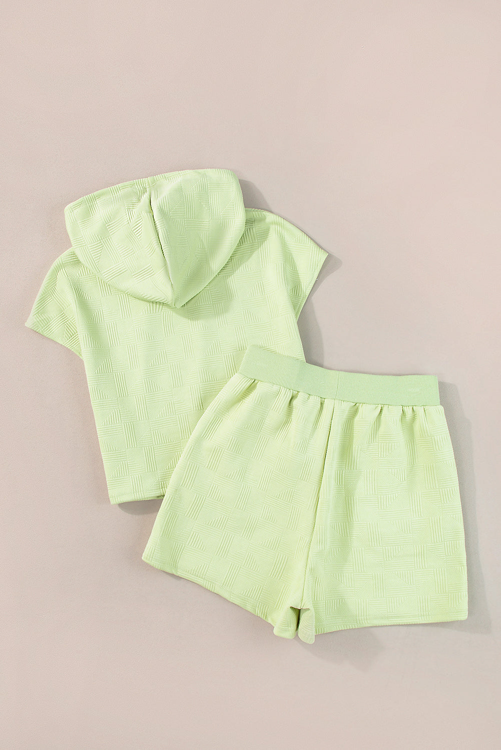 Light Green Textured Cropped Hoodie and Shorts Set