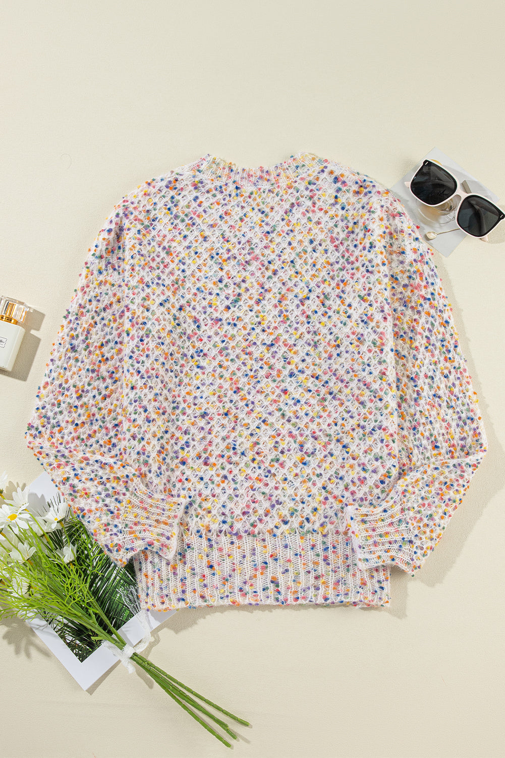 White Colorful Confetti Popcorn Knit Long Sleeve Sweater