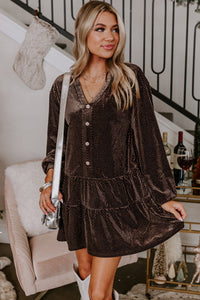 Dark Brown Textured Velour V-Neck Shift Dress with Pearl Button Accents