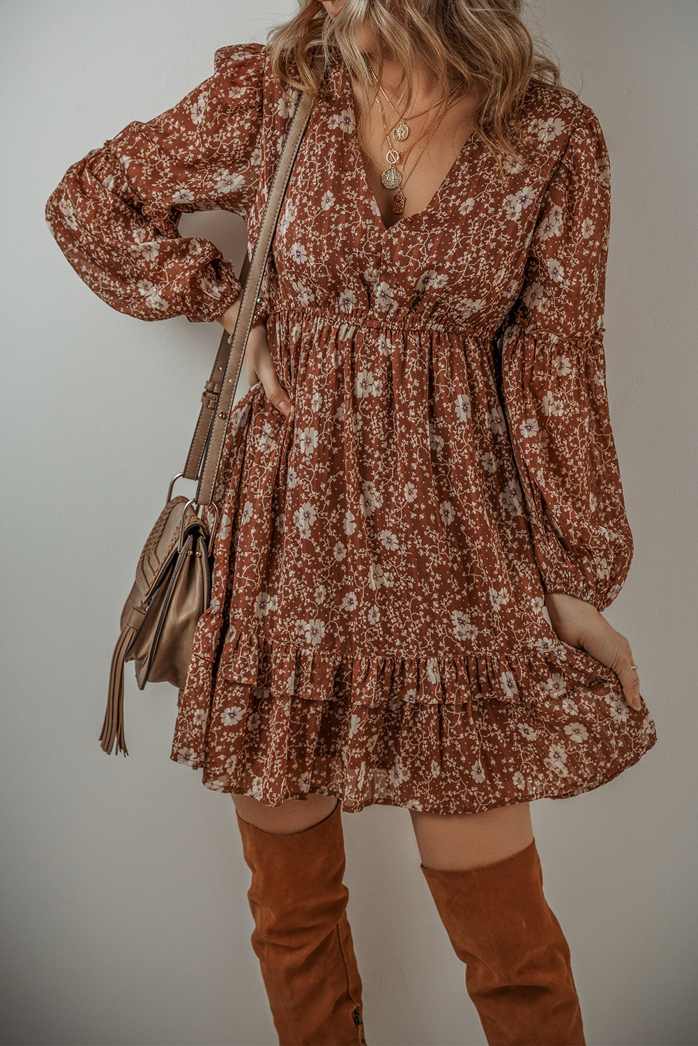 Brown Boho Floral Ruffled Puff Sleeve V-Neck Mini Dress