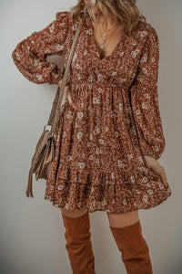 Brown Boho Floral Ruffled Puff Sleeve V-Neck Mini Dress