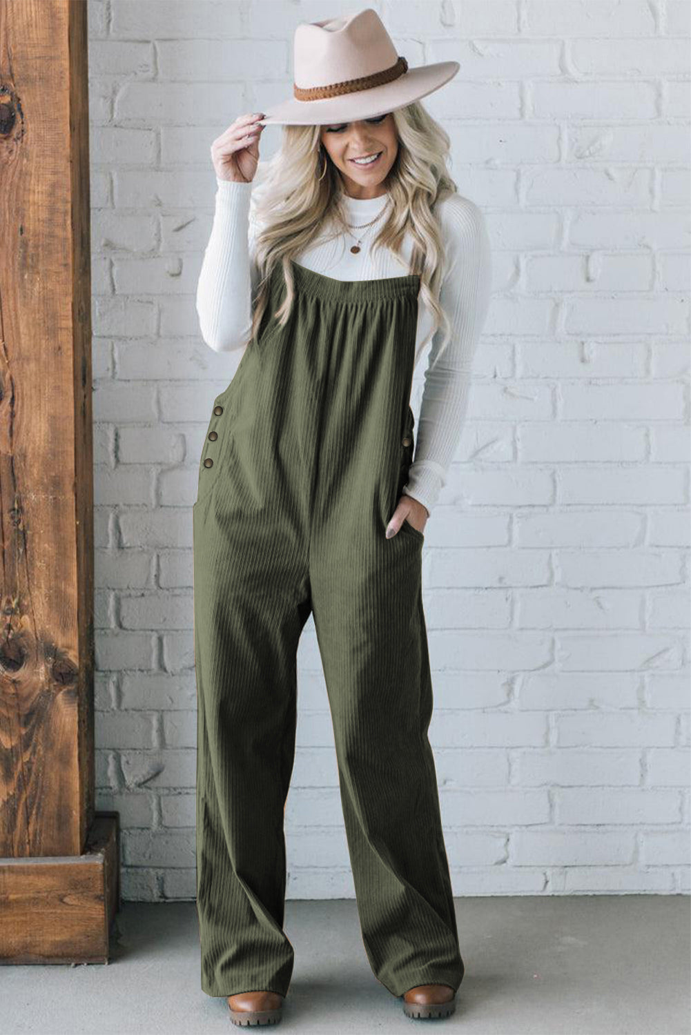 Forest Green Khaki or Black Solid Pocketed Loose Fit Corduroy Overalls