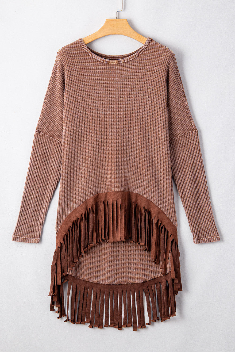 Brown Waffle Knit Fringed High Low Long-sleeve Top