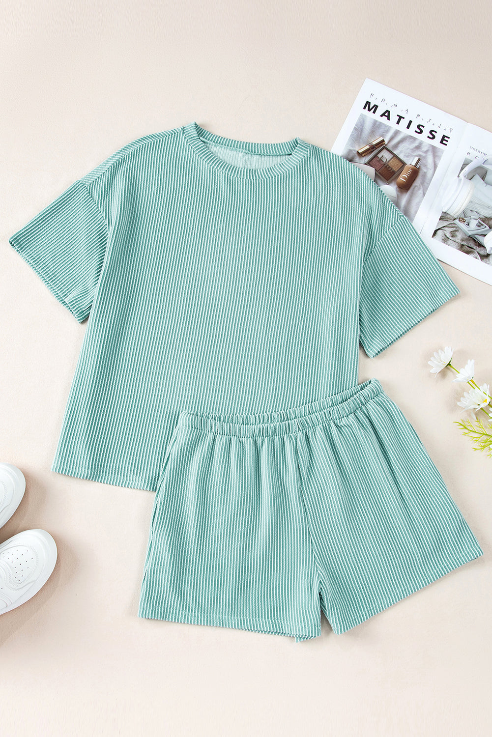 Ribbed Corded Knit Loose Fit Tee and Shorts Set