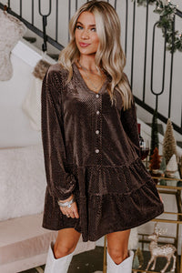 Dark Brown Textured Velour V-Neck Shift Dress with Pearl Button Accents