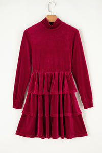 Red Velvet Mock Neck Tiered Ruffle Mini Dress