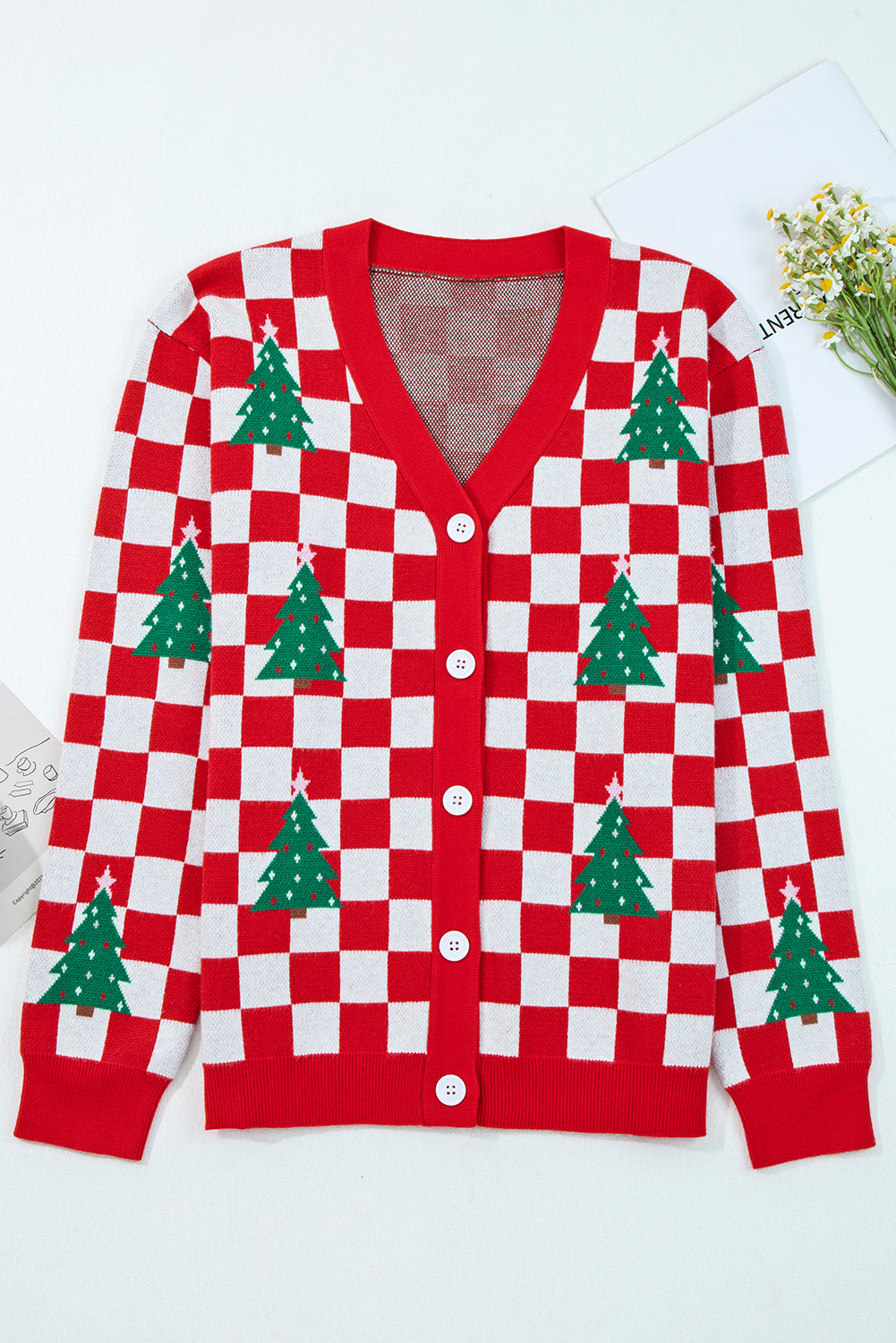Checkered Christmas Tree Pattern Buttoned V-Neck Cardigan Sweater