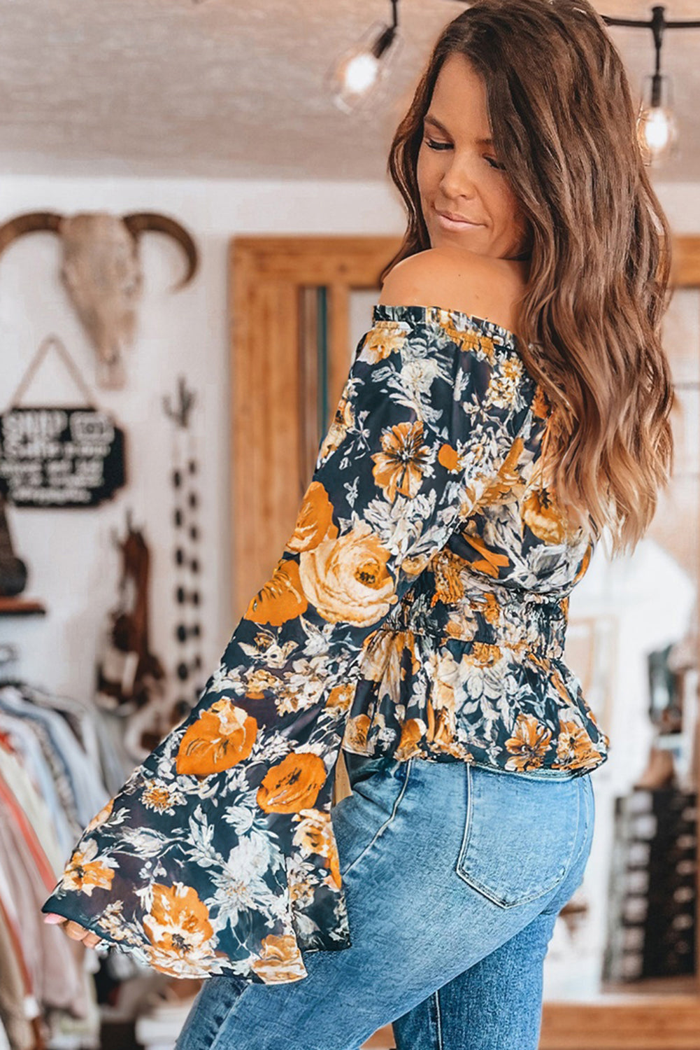 Navy and Orange Floral Off Shoulder Bell Sleeve Smocked Peplum Blouse