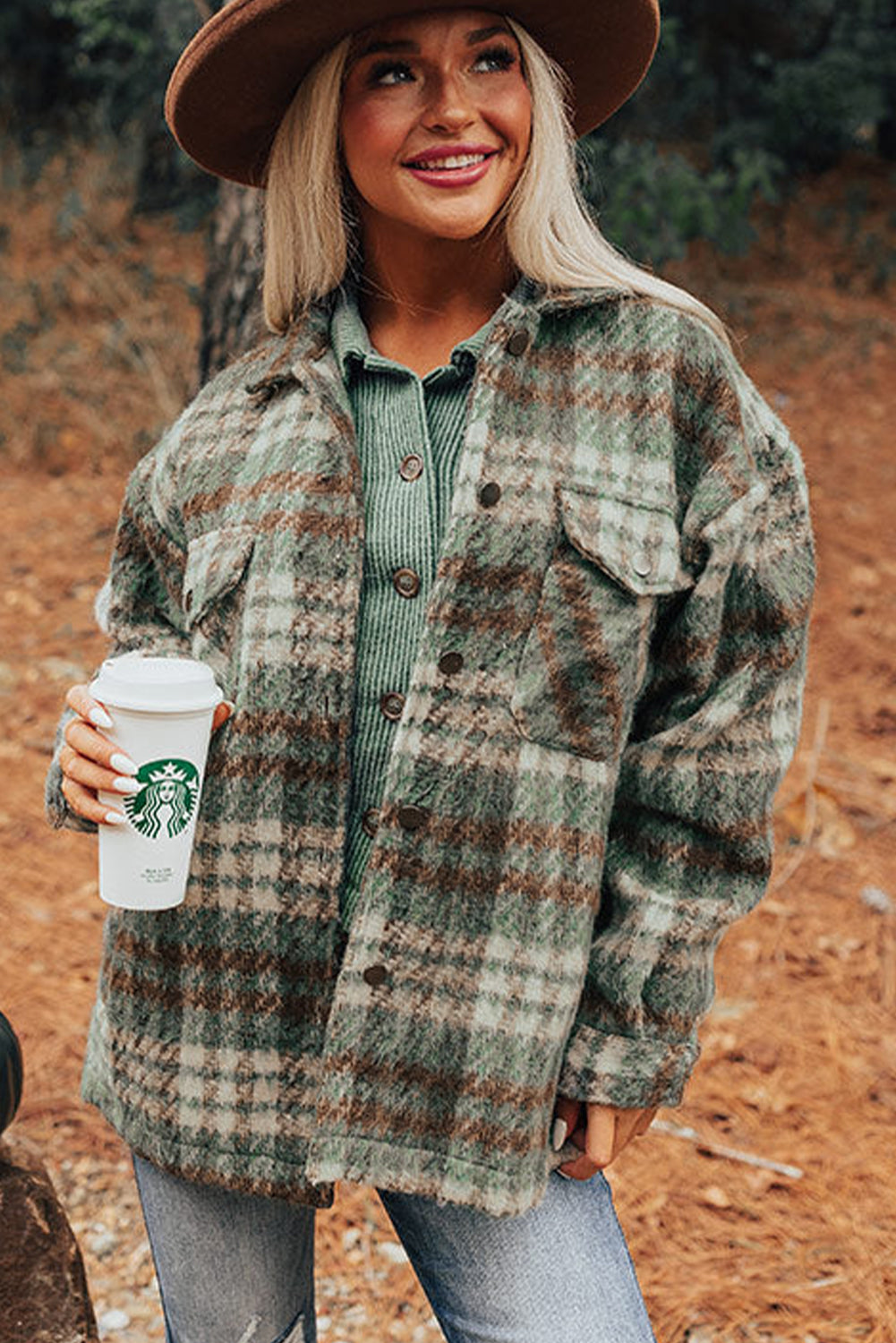 Green & Brown Plaid Button Down Shacket with Chest Flap Pockets