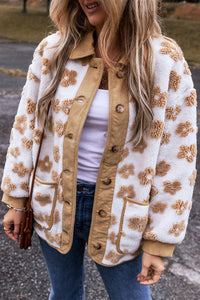 Beige Flowered Design Button Up Fleece Jacket