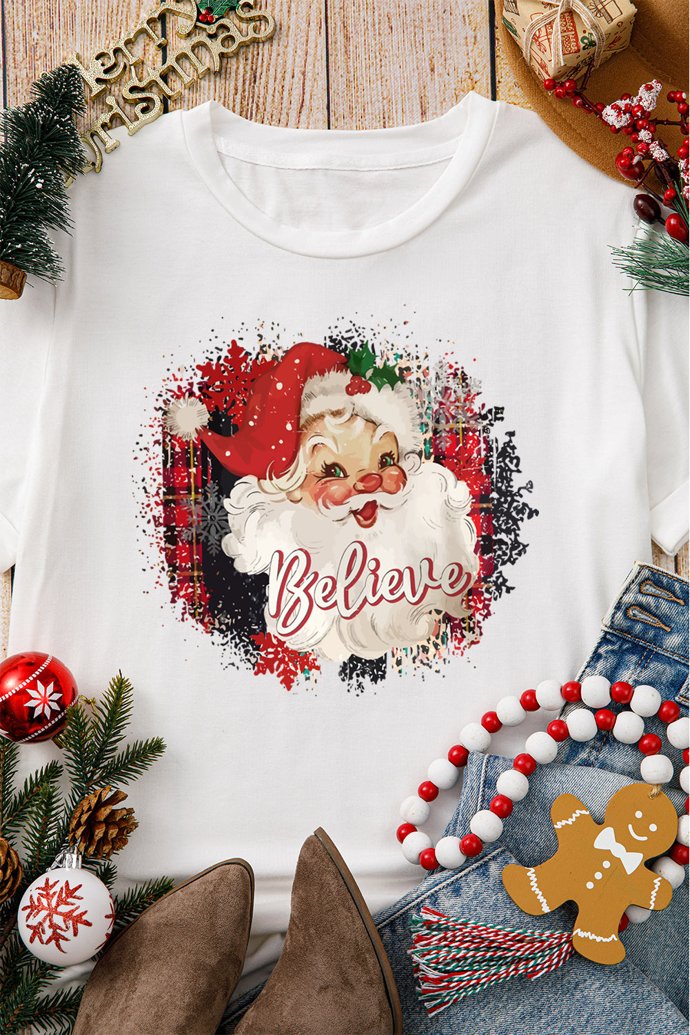 White Christmas Santa Believe Lettering Graphic Crewneck Tee