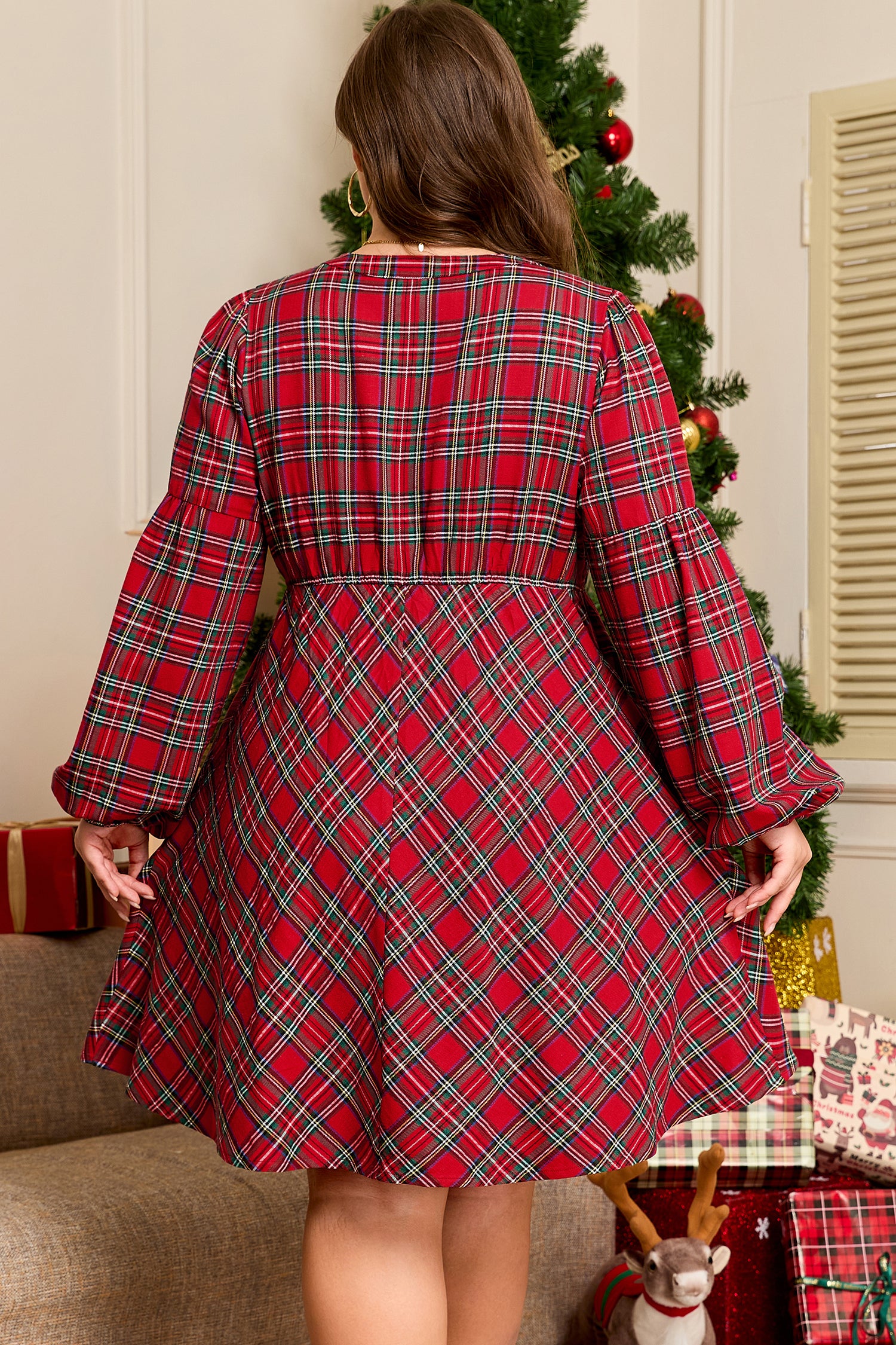 Plus Size Red Tartan Plaid Long Sleeve Shift Dress w/Pockets