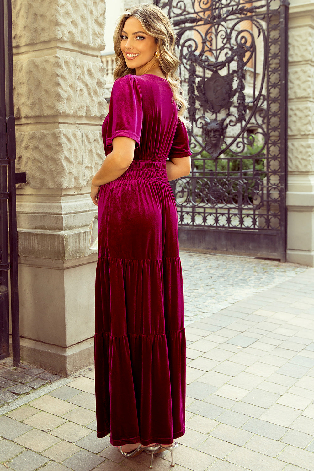 Magenta Velour Short Sleeve Shirred Waist Tiered Maxi Dress