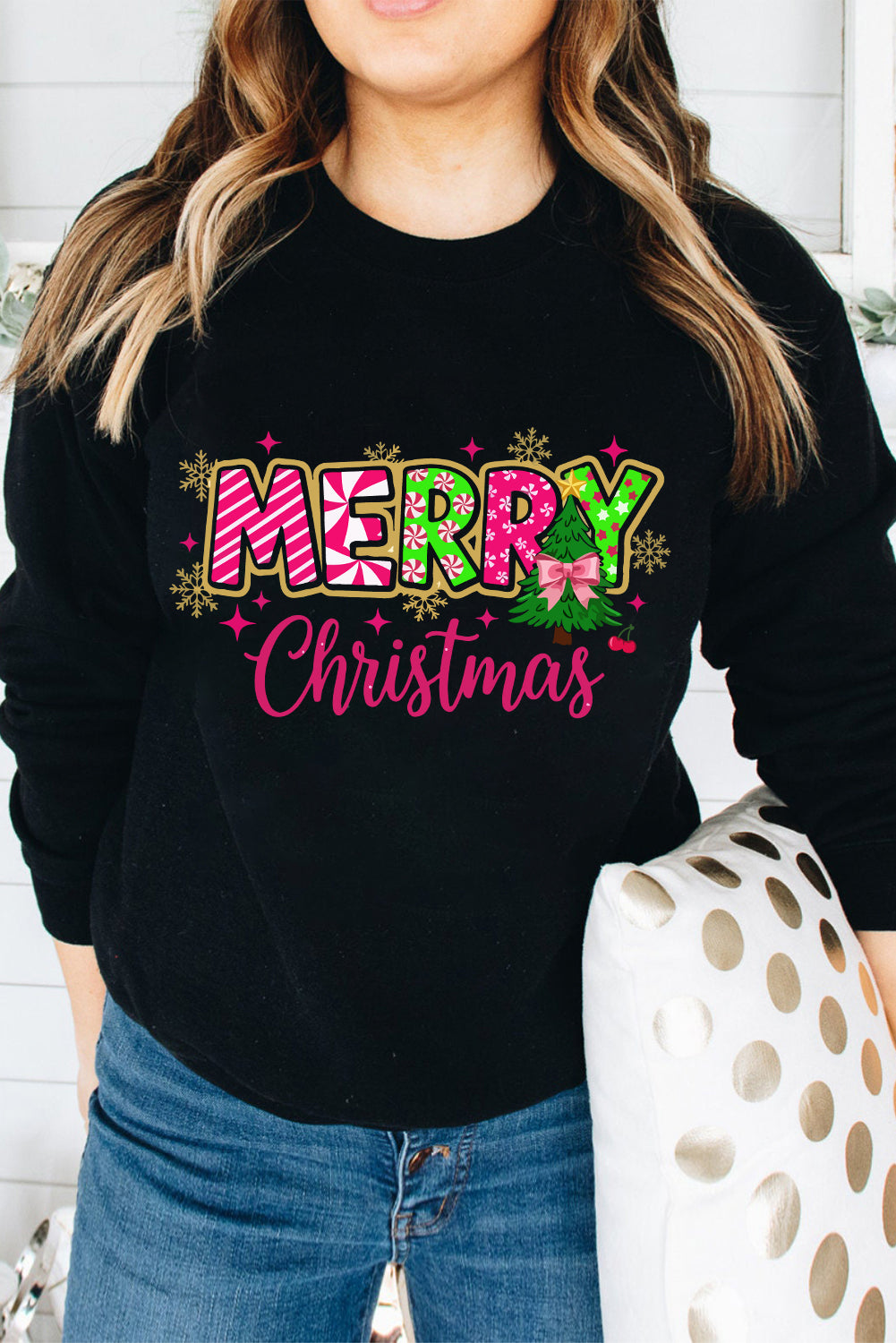Black with Pink and Green MERRY Christmas Graphic Drop Shoulder Pullover
