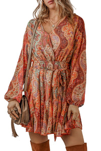 Orange Boho Paisley Print Long Sleeve Pleated Tie Waist Mini Dress