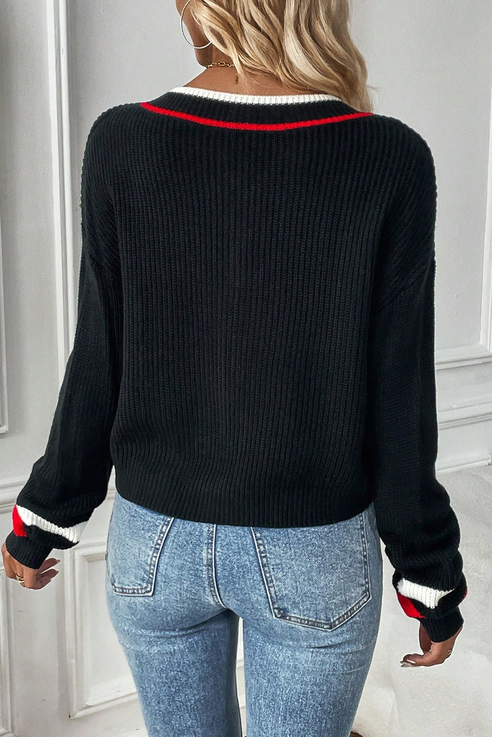 Black With Red White Contrast Trim V-Neck Drop Shoulder Sweater