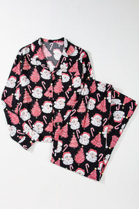 Black with Pink Christmas Trees & Santas Pajama Set