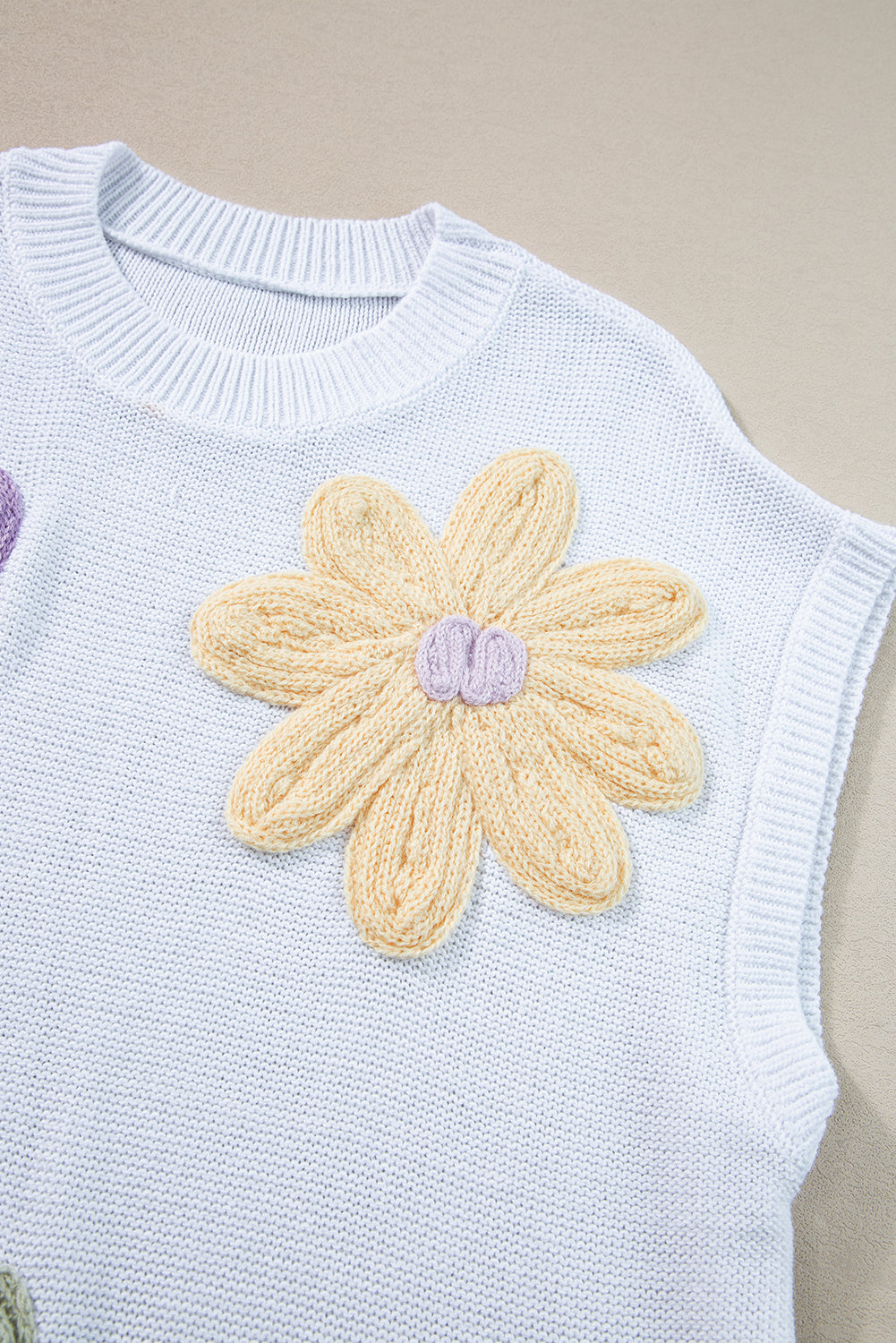 White with Pastel Crochet Flower Knit Sleeveless Sweater