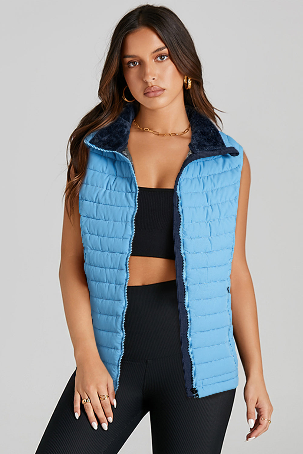 Quilted Full Zip Fuzzy Collar Puffer Vest