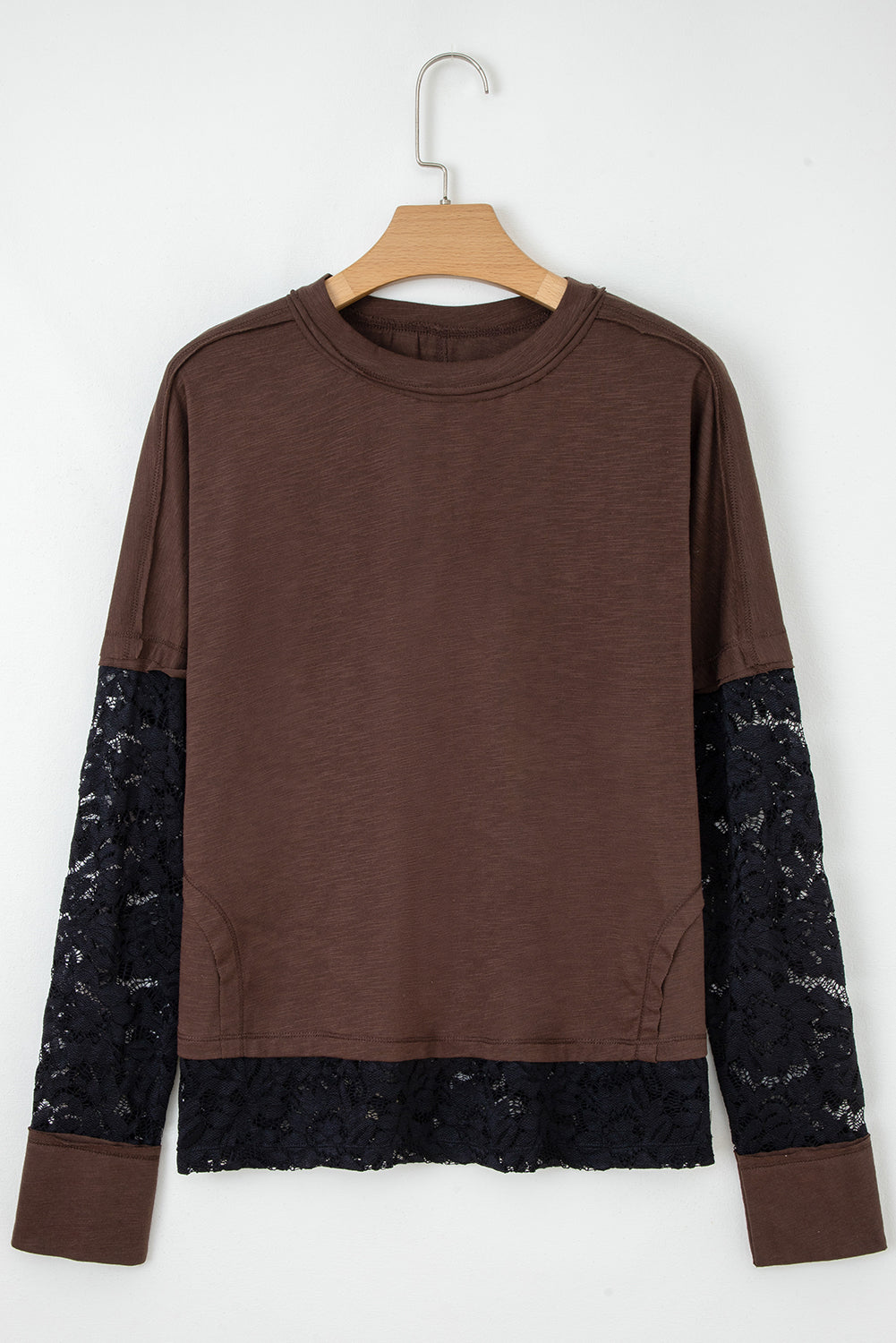 Dark Brown & Black Lace Long Sleeve Exposed Seam Oversized Shirt