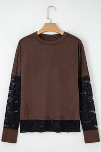 Dark Brown & Black Lace Long Sleeve Exposed Seam Oversized Shirt