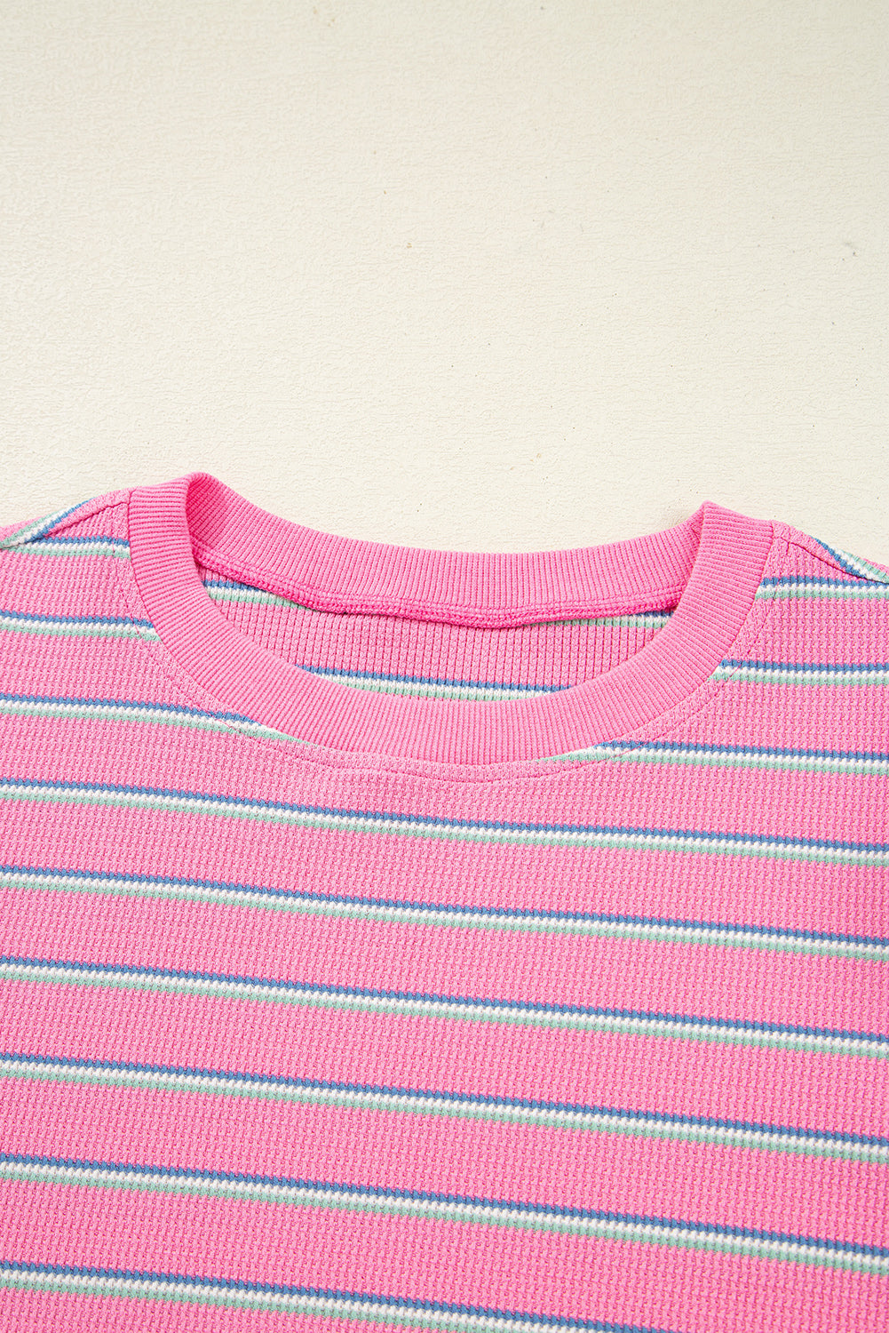 Pink Stripe Thermal Crew Neck Puckered Long Sleeve Top