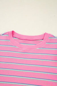 Pink Stripe Thermal Crew Neck Puckered Long Sleeve Top