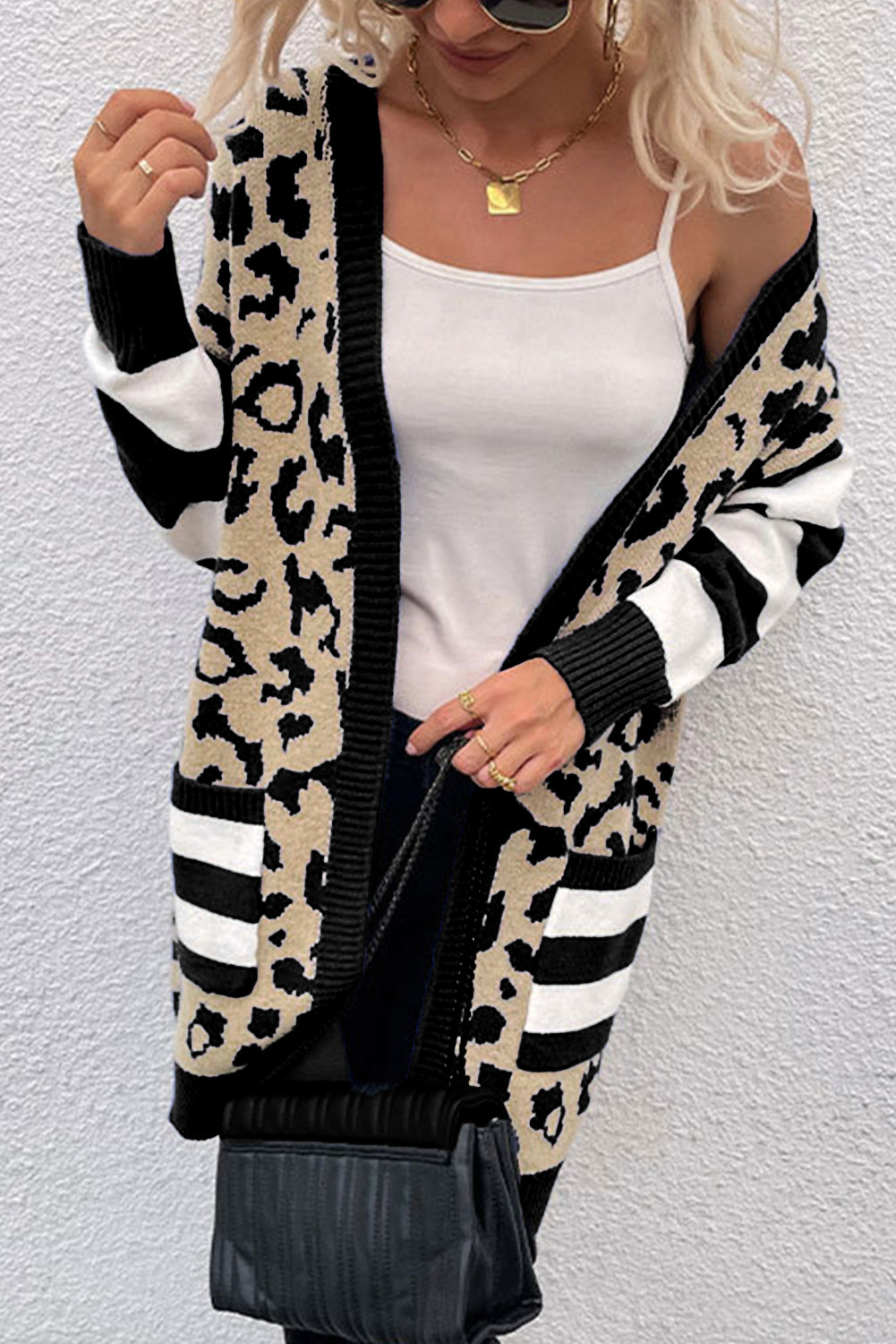 Stripe Sleeve Leopard Print Color Block Open Front Cardigan With Pockets