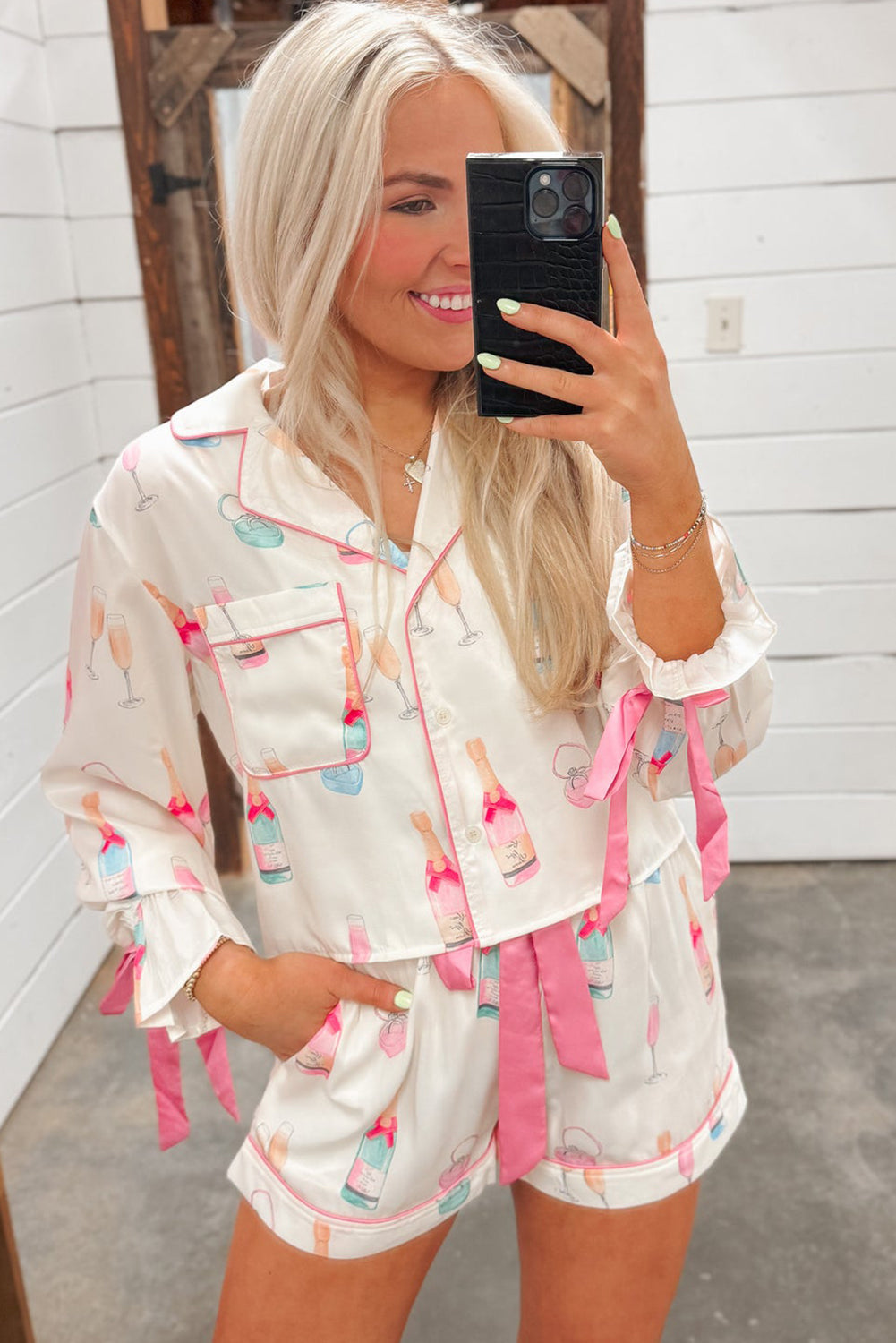 White Wine Glass Print & Pink Bow Ties Shorts Pajama Set