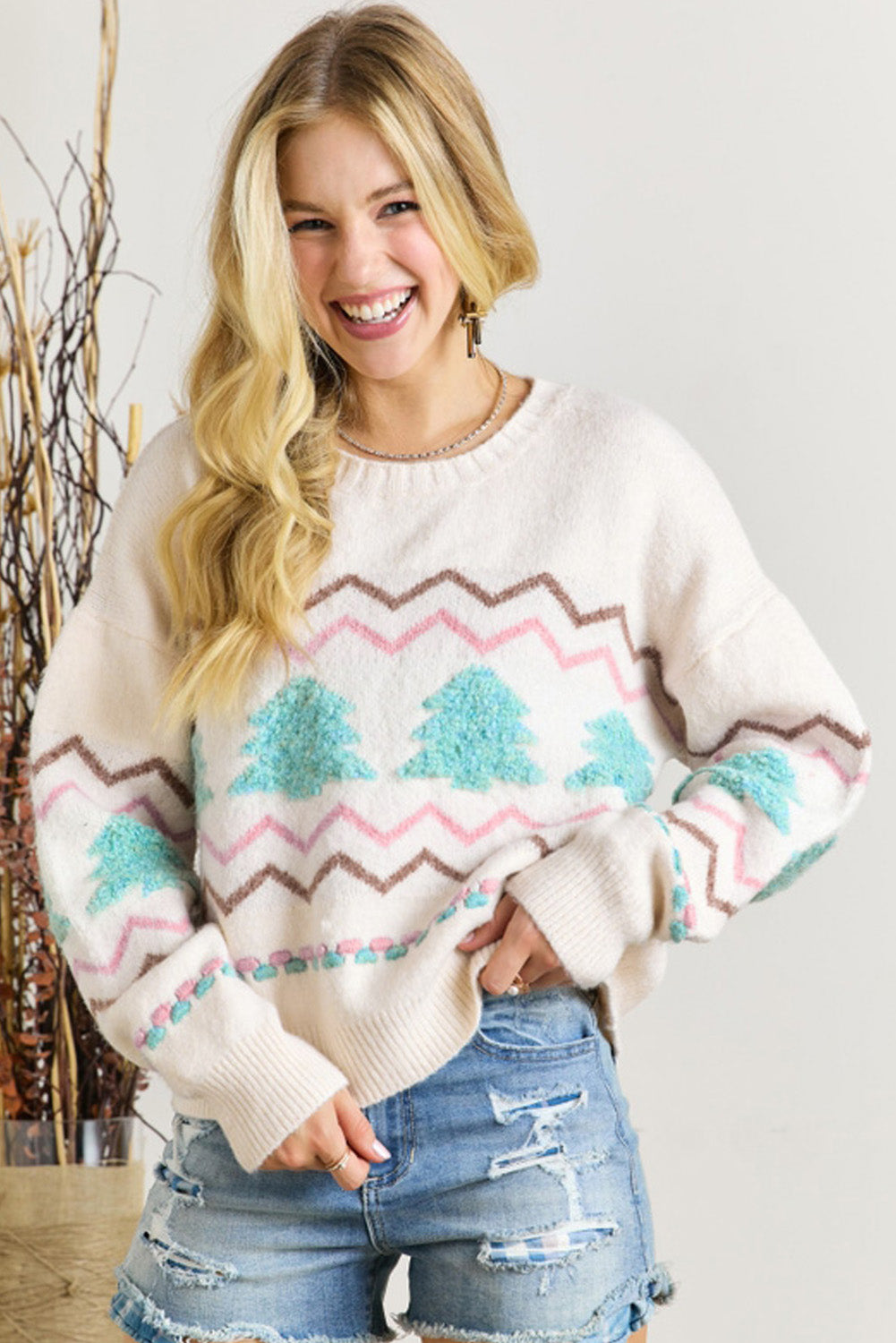 Pink & Tan Chevron Stripes with Turquoise Trees Design Knit Sweater