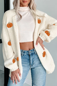 Cream Pumpkin Applique Open Front Drop Shoulder Long Cardigan