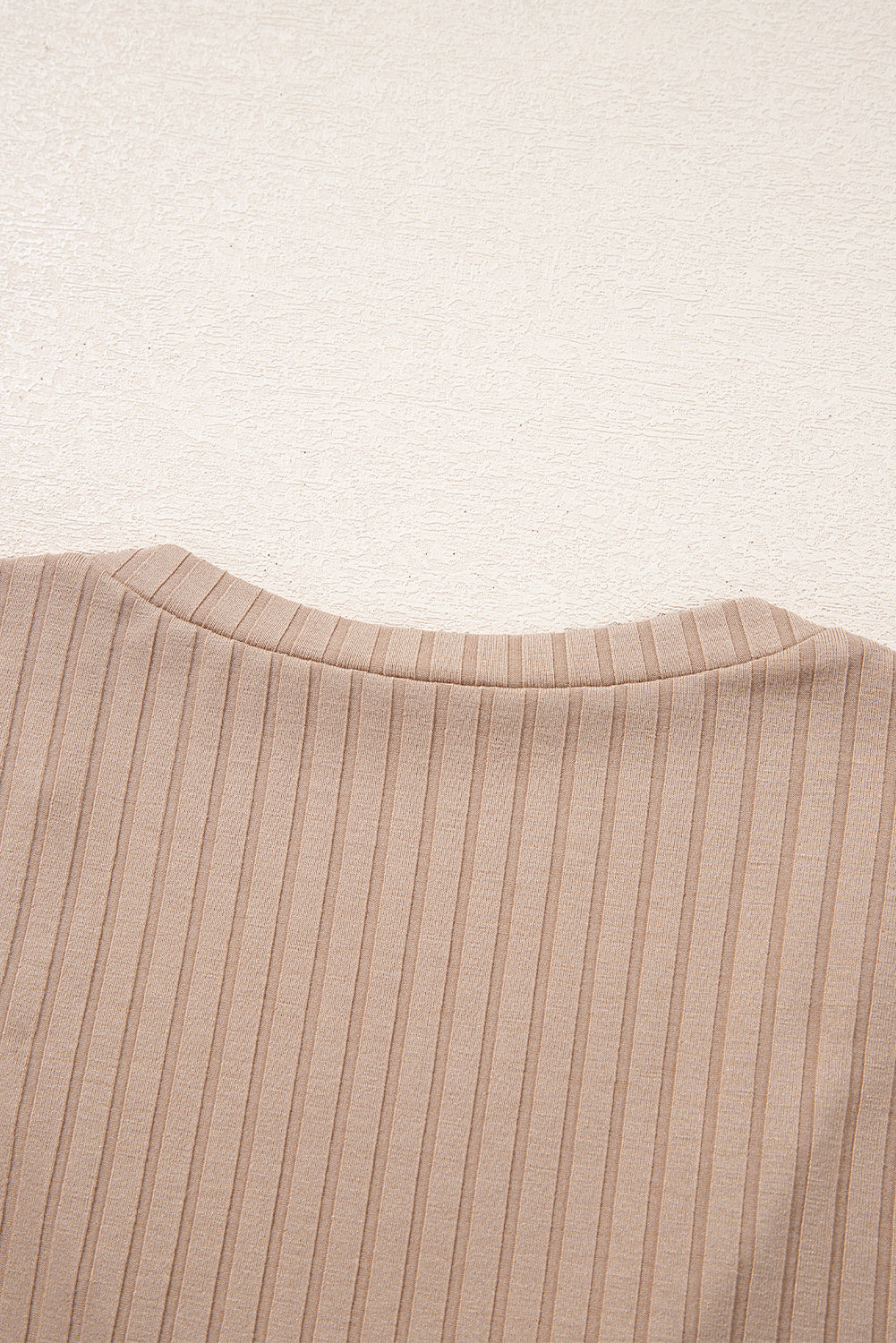 Beige Ribbed Knit V-Neck Long Sleeve Slim Fit Top